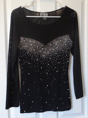 BEREK Black LONG SLEEVE TOP with Beaded Design, Sz Small